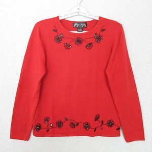 Gladys Bagley‎ Sweater Womens L Red Embellished Floral Beaded Long Sleeve Knit